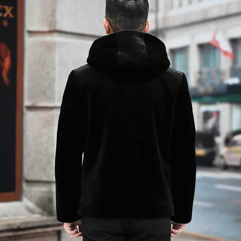 Mens winter faux fur hooded oversized jacket 5XL 6XL mens long sleeved thick zipper jacket mens jacket PU fluffy coat W241213