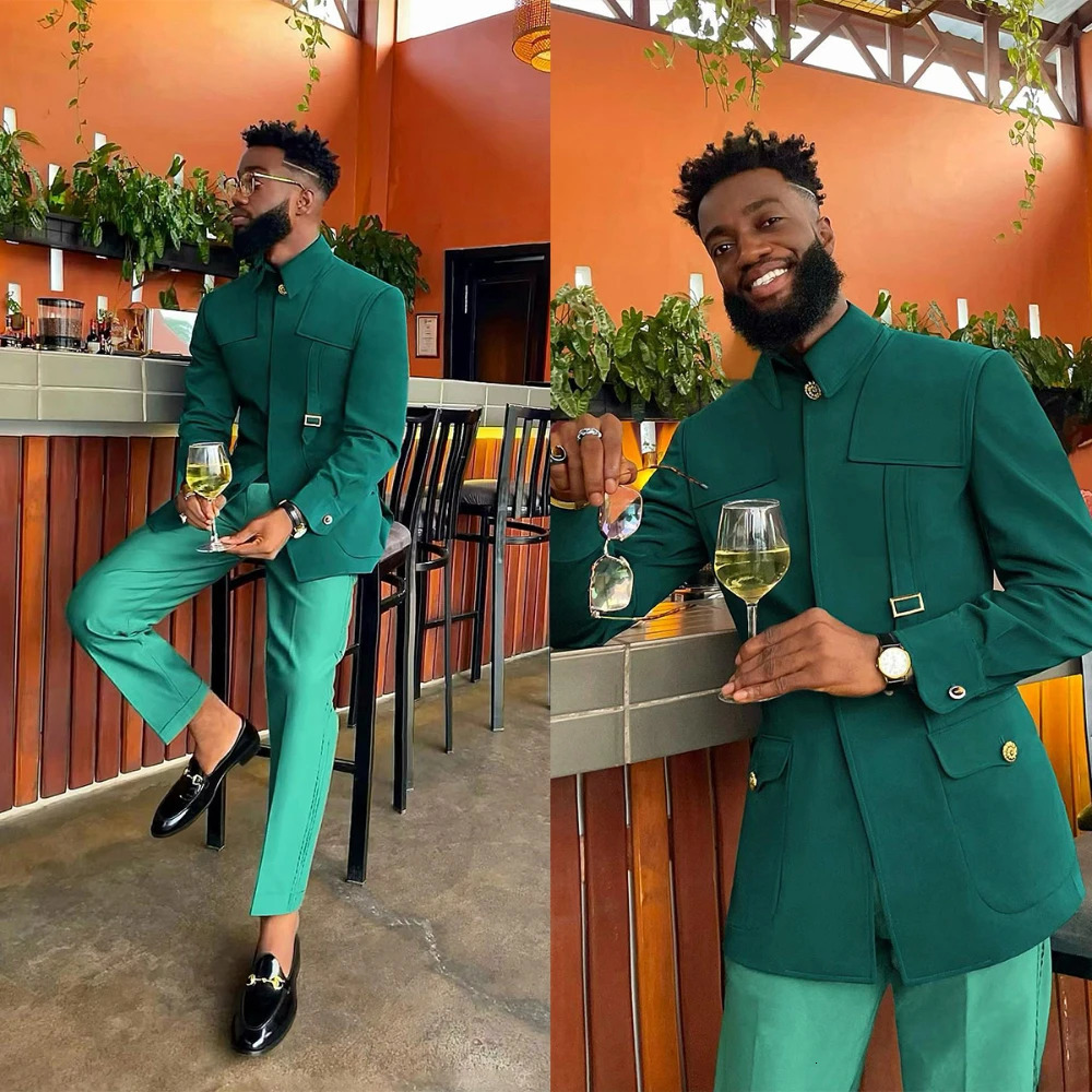Green Fashion Utility Wedding Men Suits TailorMade Party Tuxedo 2 Pieces Slim Fit Jacket Pants Blazer Singer Groom 241211