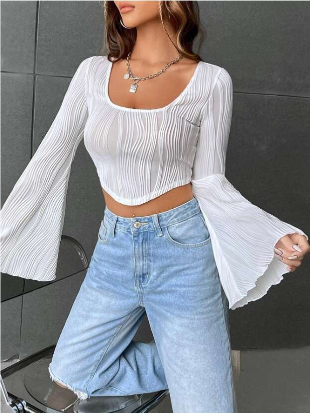 Women's 2024 Summer Thin U-neck Top with Water Wave Pattern, Slim Fit, Exposed Umbilical Speaker Long Sleeve T-shirt for Women