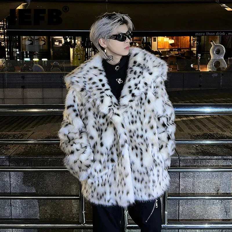 IEFB leopard print mens faux fur coat with thick profit base design collar wool top new single chest contrasting color coat 9C833 W241213