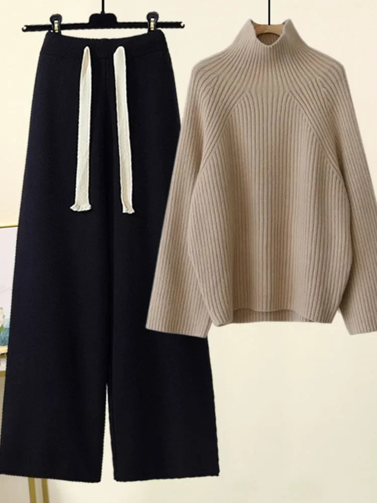 Winter Warm Knitted Suit Women Long Sleeve Half Turtleneck Knitting Sweater And Wide Leg Pants Sets Outer Wear Loose Set N437 241203