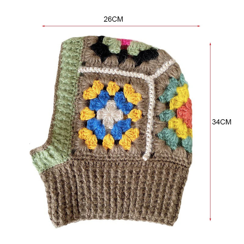 Handmade crocheted Balaclava womens hat autumn and winter wool knitted flower bean hat neck warm womens hat 241205