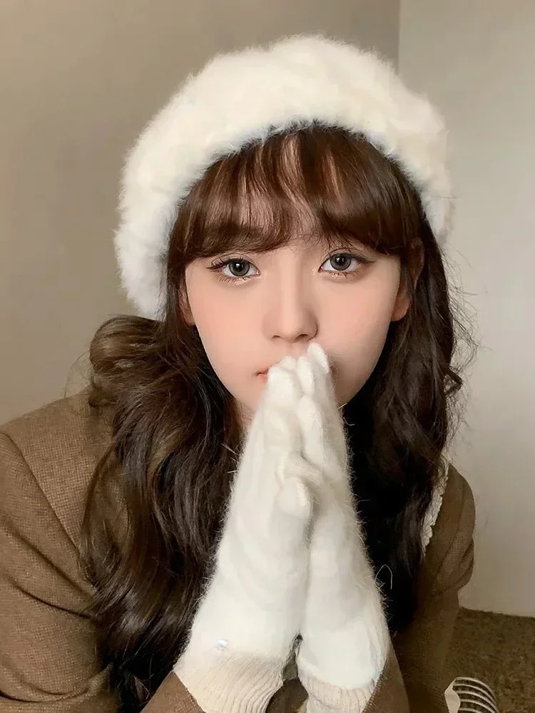 Womens Winter Beret Simple Solid Color Comfortable Plush Korean Girl Shopping Hat 241210