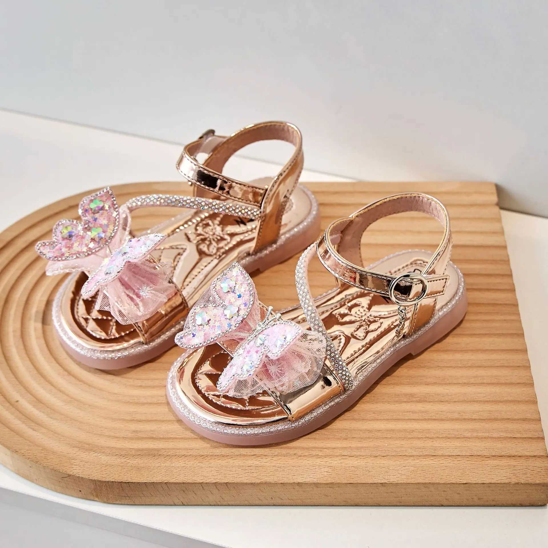 Sandals Children Party Shoes 2024 Summer New Butterfly Sequin Girls Princess Shoes Fashion Crystal Soft Sole Kids Casual Sandals H05226 H241213