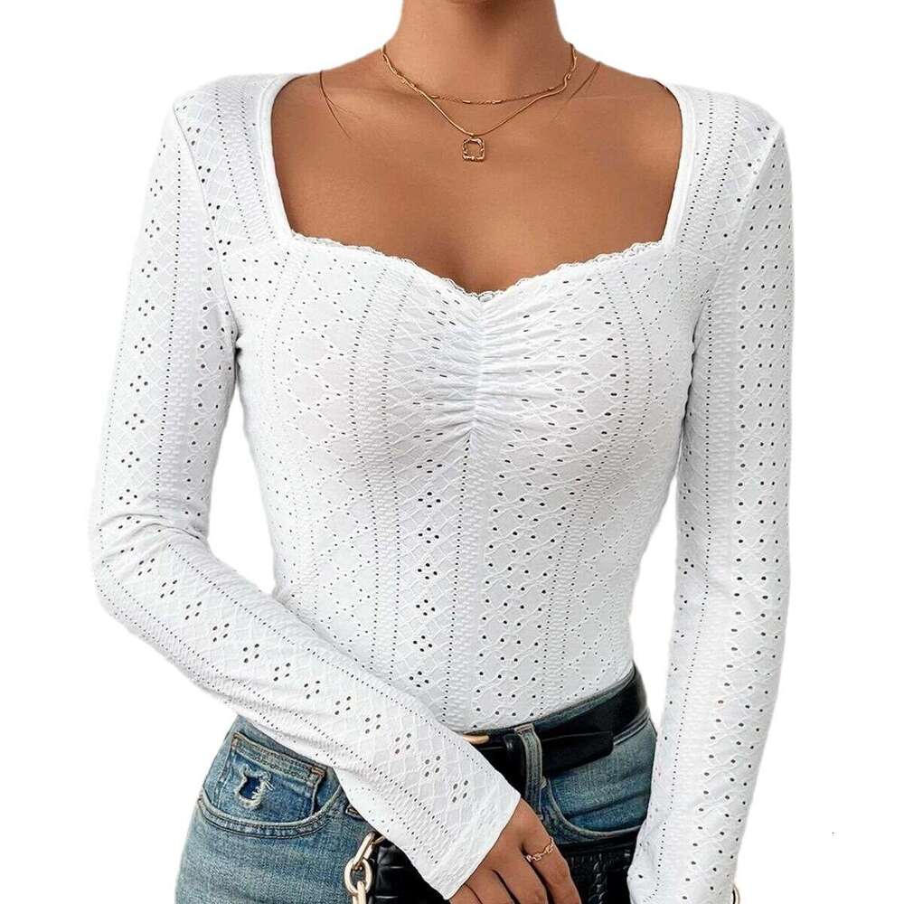 2023 European and American new French sweetheart collar embroidered eyelets pleated bust lace decorative T-shirt for women