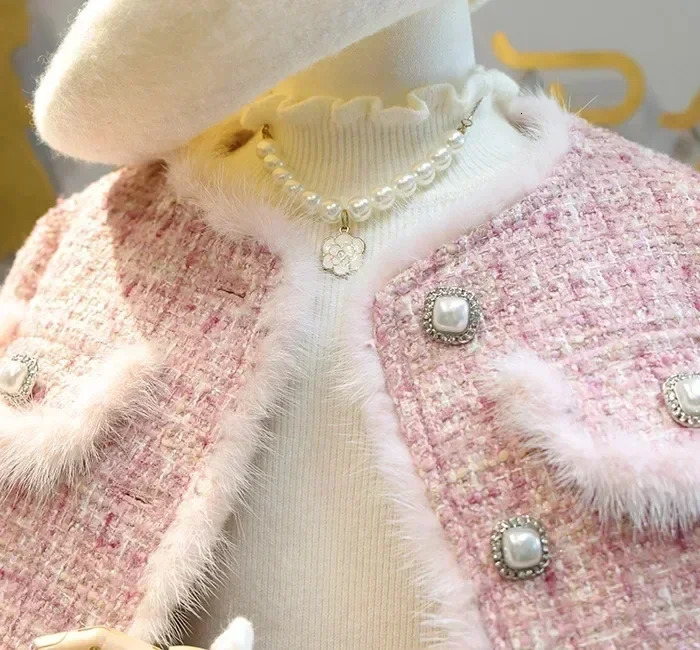 Spring Winter Girl Kids 2Pcs Tweed Clothes Sets Fashion Children Suits for 1-10Years Childrens Cotton Padded Jacket CoatSkirt 241213