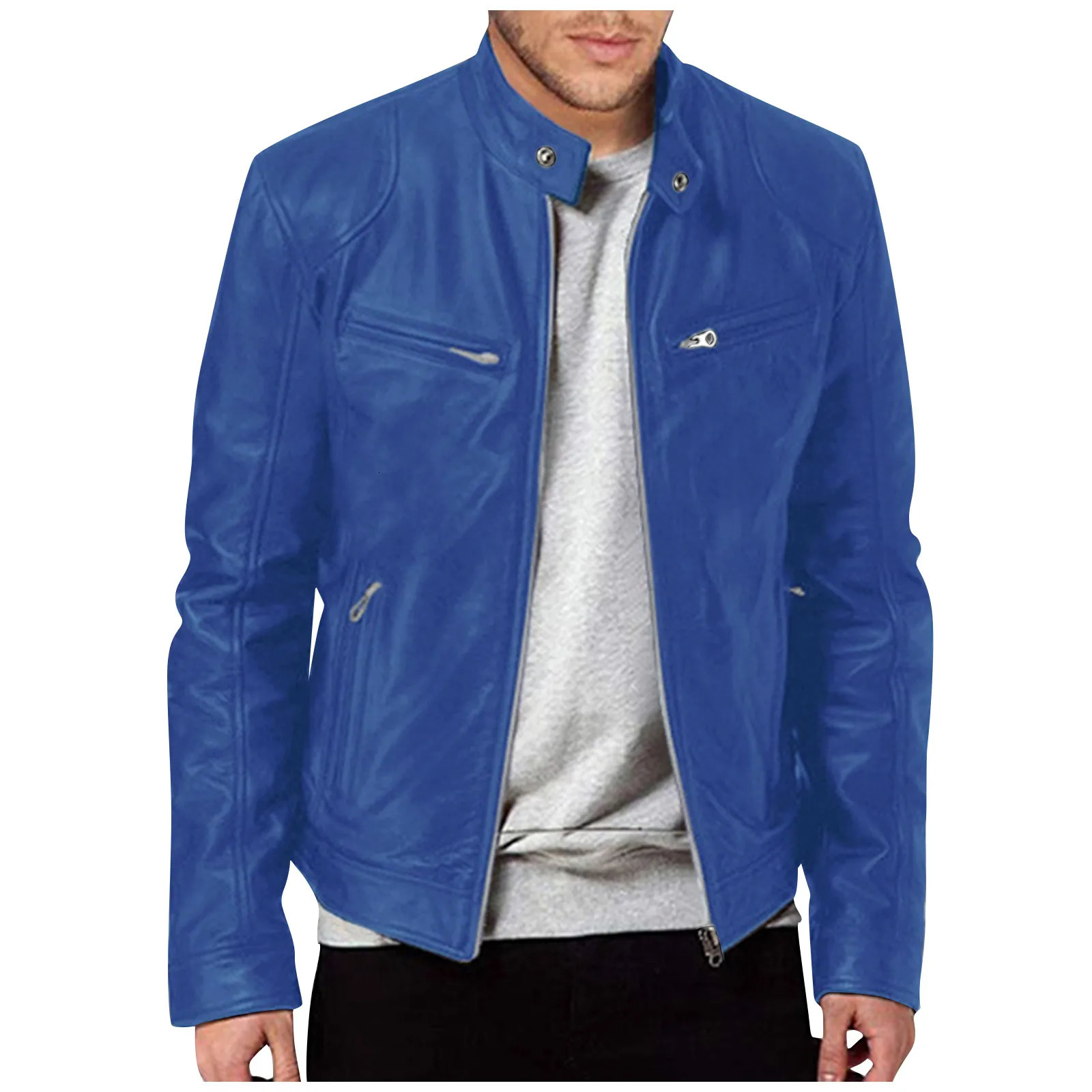 Mens Motorcycle Leather Jacket Slim Fit ShortCoat Lapel PU Jackets Autumn Zipper Stand Windproof Coat Clothing y241214