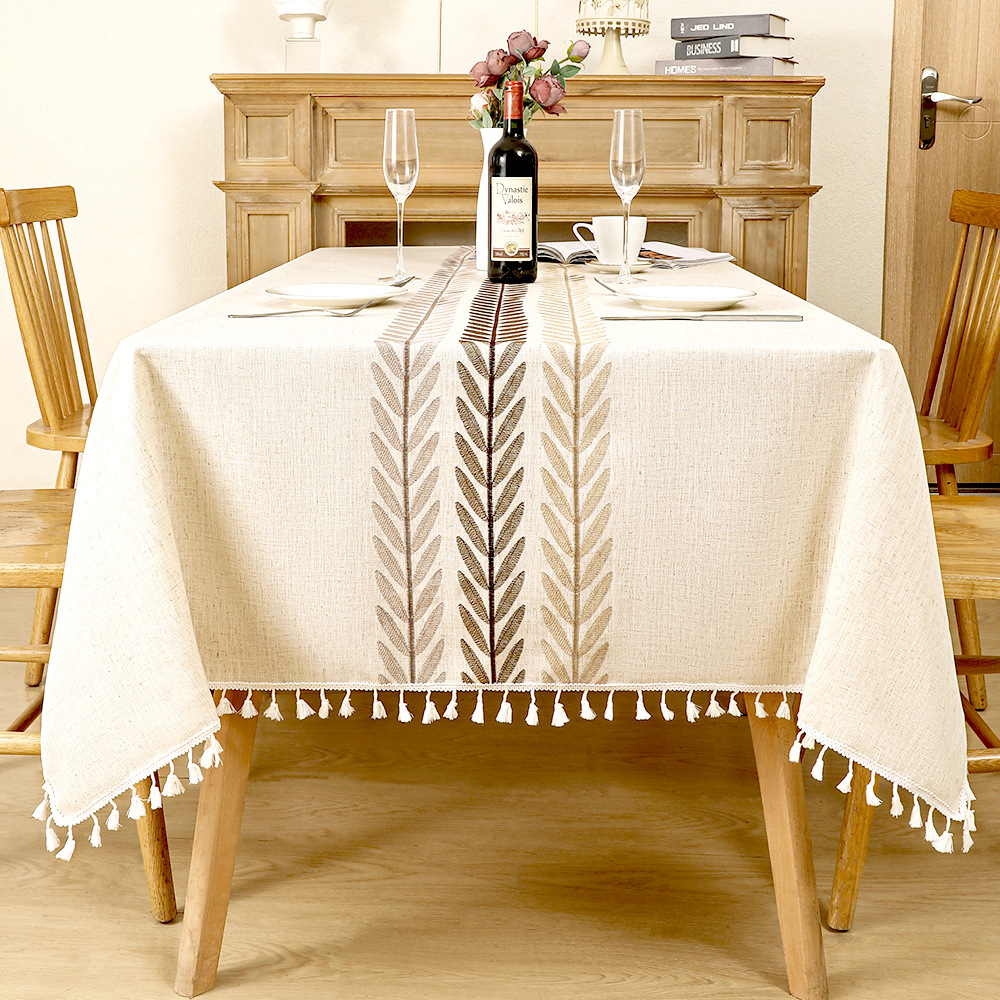Cotton And Linen Embroidered Coffee Table Cloth, Tassel Waterproof And Heat-Resistant Tablecloth LN1028