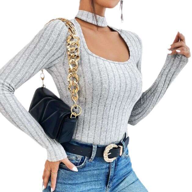 European American style 2023 autumn new item, high-end and personalized neck, U-neck, long sleeved, pit stripe, fleece knit T-shirt for women