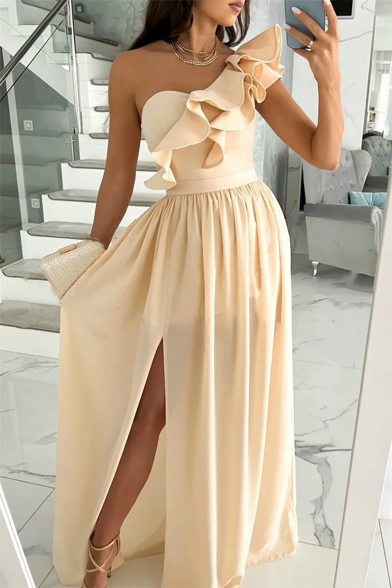 Red Evening Dress One Shoulder Flower Stickers Sleeveless Slimming Party Ball Backless Long 241212