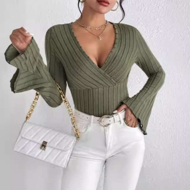 2024 Summer New Cross Deep V-neck Trumpet Base T-shirt for Women