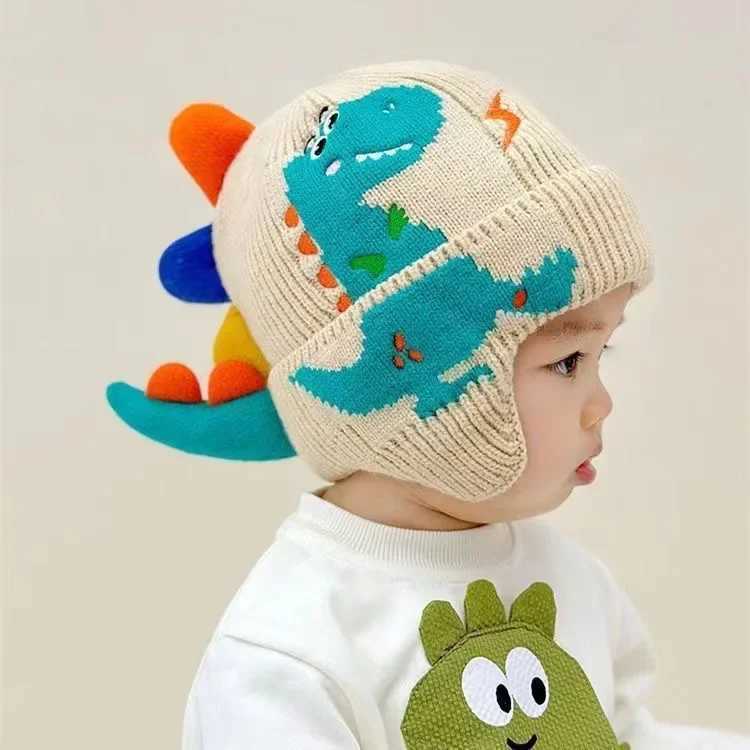 Baby Wool Hat Cute Dinosaur Protection Hat Children Winter Thickened Warm Knitted Korean Version of The Baby Hat W241213