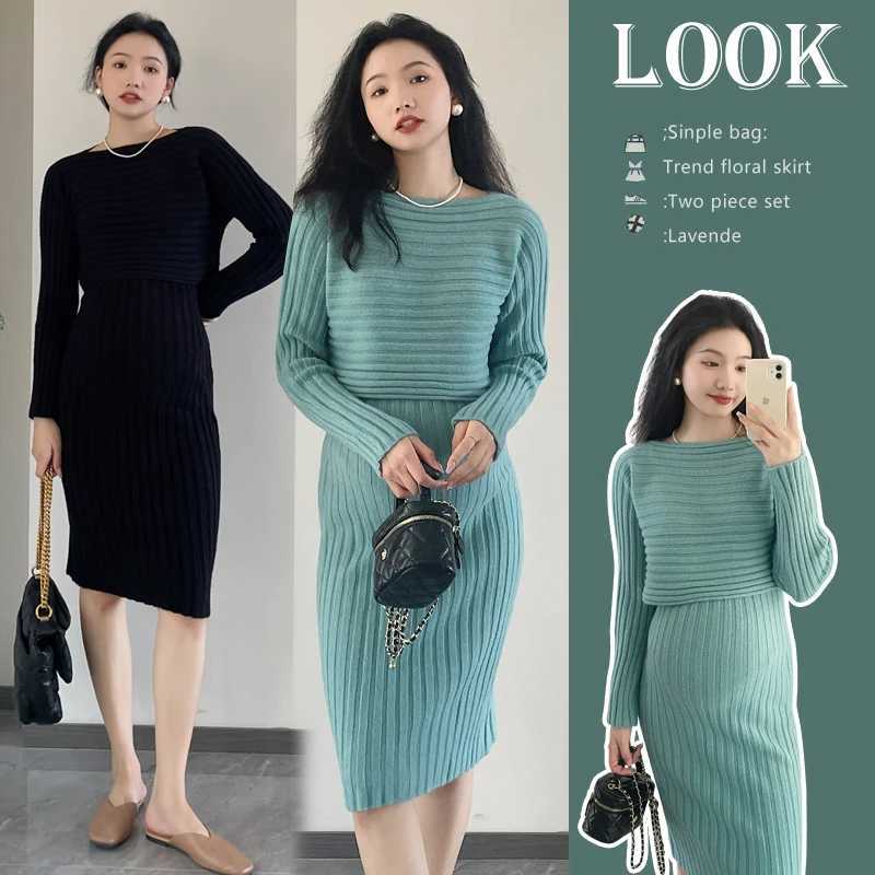 8040# Autumn Winter Knitted Materni Sweaters Dress Thick Warm Cover Sling Dress Sets Clothes for Pregnant Women Hot PregnancyXJ241213