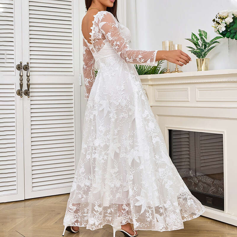 Spring New European And American Women's Sleeved One Shoulder Bridal Wedding Formal Dress, Long Skirt