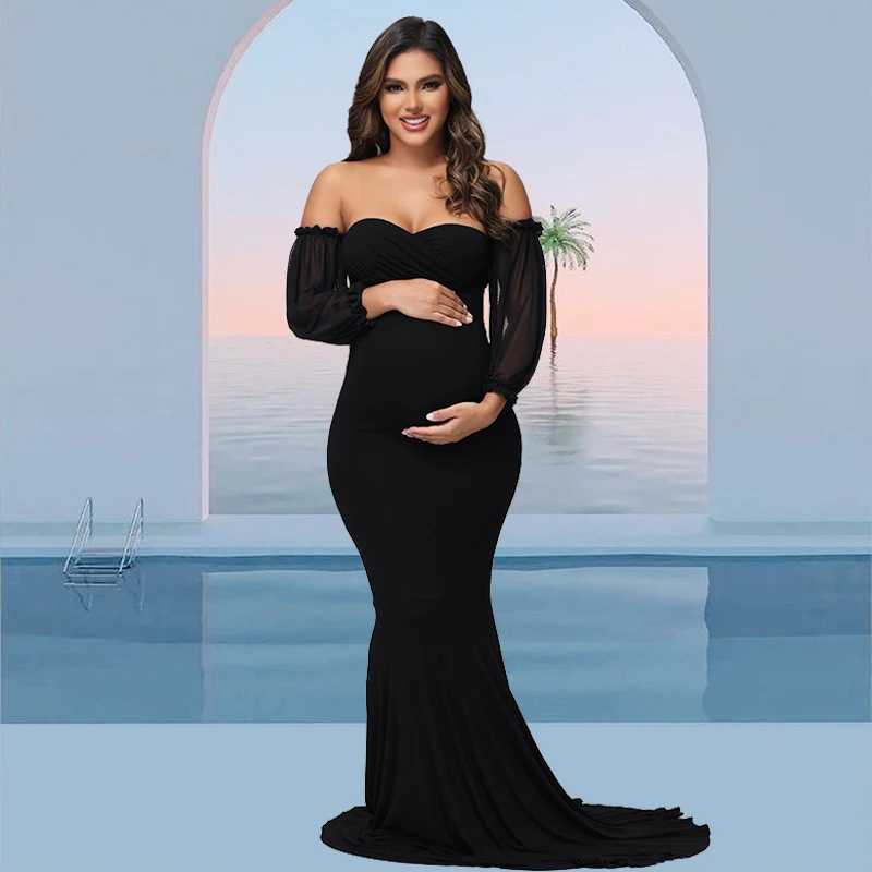 Materni Dress For Photoshoot Off-Shoulder Mesh Puff Sleeve Slim Pregnancy Womens Photography Maxi Gowns For Baby ShowerXJ241213