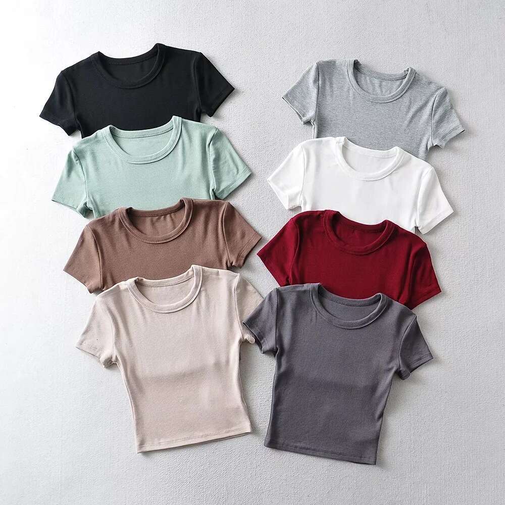 American summer 8-color high waist elastic slim fit wide edge round neck short sleeved T-shirt for women solid color tight fitting crop top trend 2024