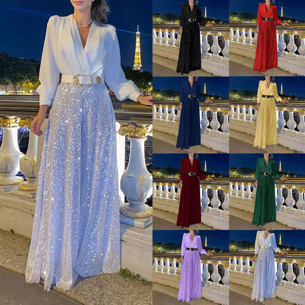 Dress For Women In Spring And Autumn, High-End V-Neck Long Sleeved Shirt, Elegant Temperament, Cinched Waist, Sequined French Wide Leg Pants