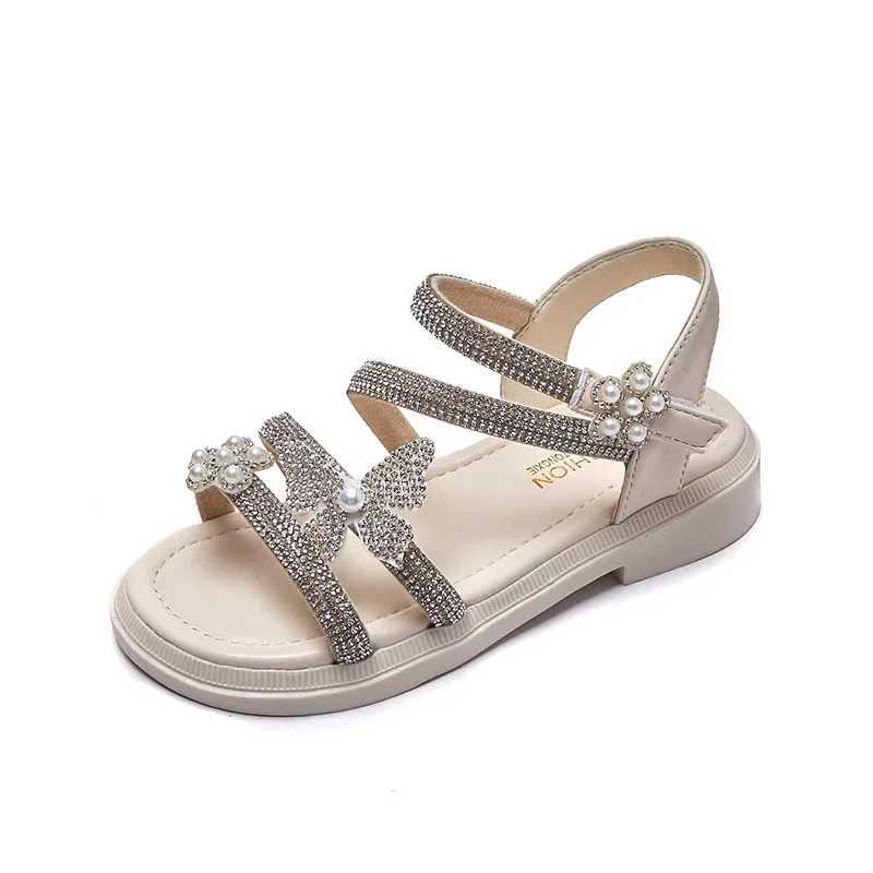 Sandals Childrens Princess Shoes Baby Girls Bling Rhinestone Sandals Fashion Pearl Soft Bottom Kids Dance Party Sparkly Beach Sandals H241213