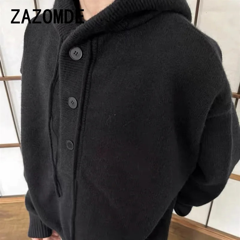 ZAZOMDE Men Autumn Buttons Hooded Sweater Tops Mens Oversize Loose Knitted Male Solid Color Warm Knitwear Hoody 241213