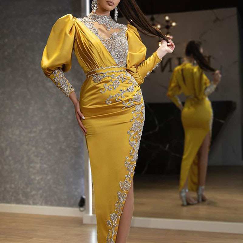 Spring New Sprinkled Gold Womens Wedding Dress Satin Large Display Long Dress Tailed Banquet Evening Dress