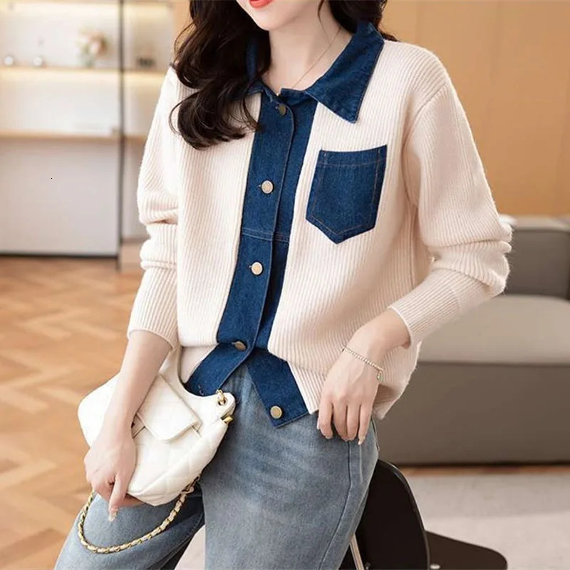 Fashion denim patchwork lapel knitted jacket for womens spring and autumn cardigan wool sweater top 2025 item 241211