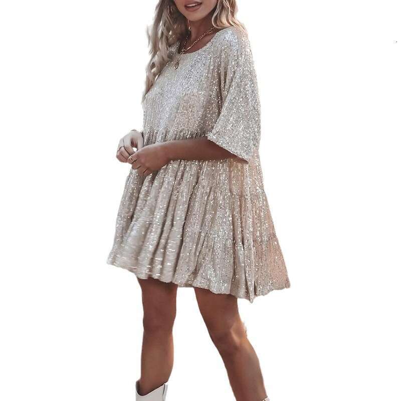 New Solid Color Fashion Sequin Round Neck Loose Waist Short Sleeved For European And American Foreign Trade Banquet Dress