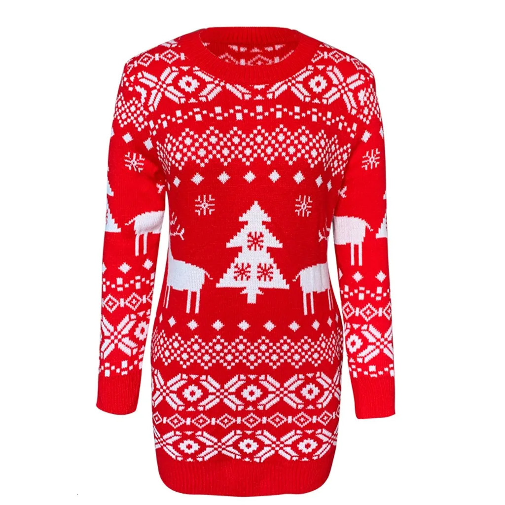 Round neck knitted mini dress Christmas snowflake print pullover sweater long sleeved weight loss bag hip 241212
