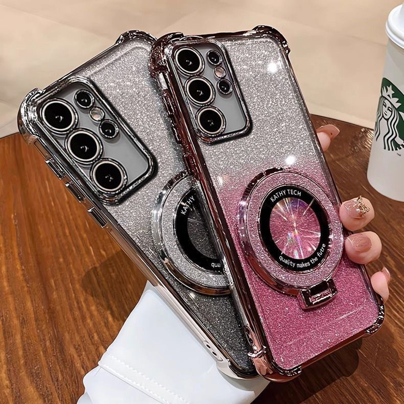 Luxury Four Corner Bling Glitter Clear Soft TPU Ring Stand Magnetic For Magsafe Wireless Cases For Samsung S22 S23 S24 S25 Ultra Plus A05 A05S A16 A06