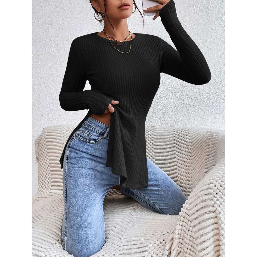 2023 autumn new hem double slit base slim fit pit stripe fleece T-shirt for women