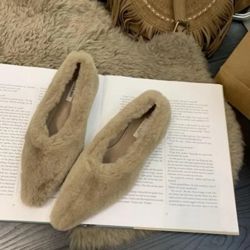 Pointed Toe Fur Ballet Flat Shoes Womens Shoes Winter Warm Plush Shallow Load Womens Comfortable Fur High Heels Dress Shoes Zapatos MUJI 241213