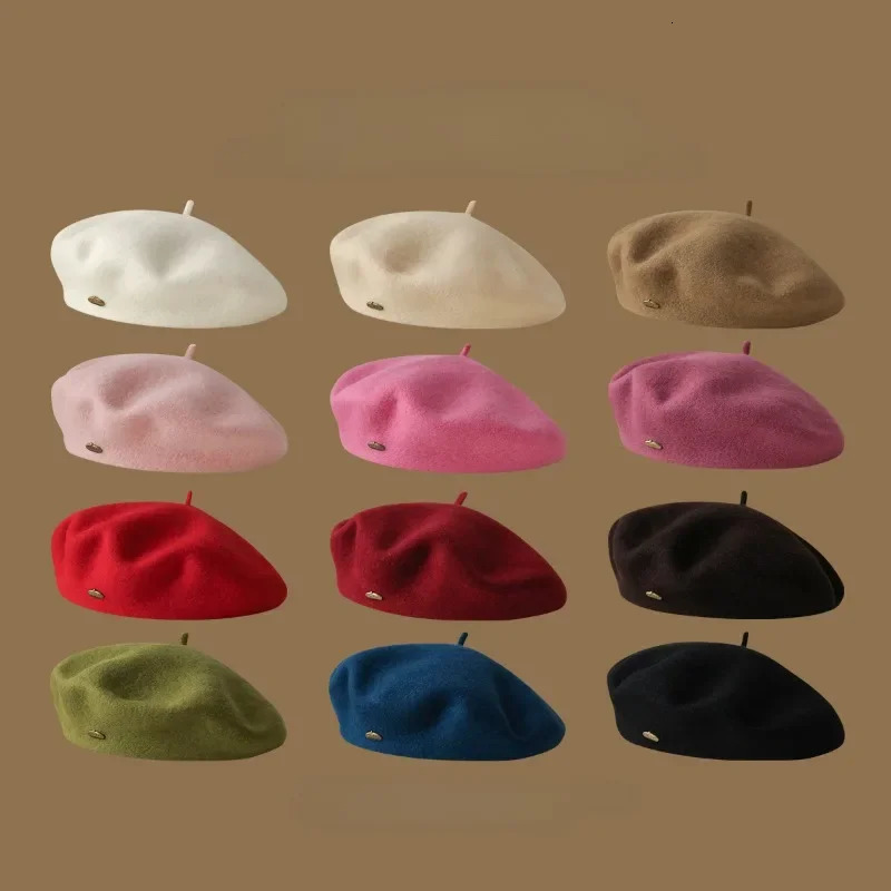 Womens Winter High Quality Wool Beret Metal Copper Buckle Solid Color Paint Hat Satin Embroidered Retro Beanie 241210