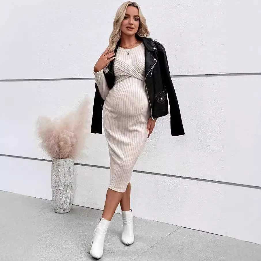 Materni Dress Fashion Pregnancy Clothes Long Sleeve Temperament Slim Solid Color Knit Maternities Dresses One-piece SkirtXJ241213