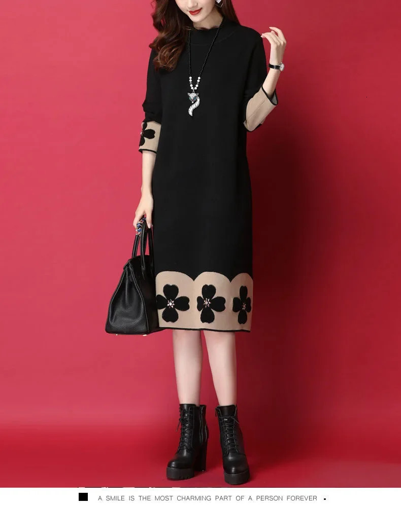 AutumnWinter Knit Dress MediumLength LooseFit Slimming Inner Base Layer Sweater Skirt MiddleAged Womens Clothin 241212