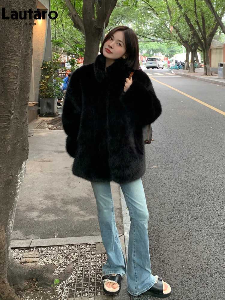 Lautaro Autumn Winter Black Soft Thick Hair Fury Artificial Fur Coat Womens Stand Collar Luxury Loose Fluffy Jacket X241214