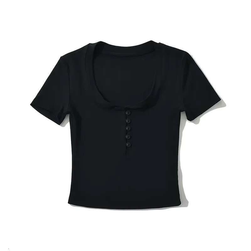 Spicy girl round neck half open button slim fit shoulder T-shirt for women's summer wear, tight fitting and slimming short sleeved top base shirt