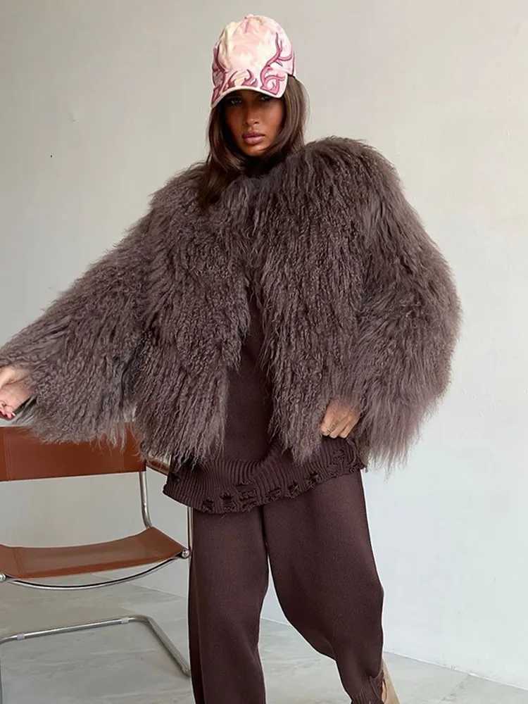 Womens fashionable warm round neck faux fur coat elegant long Slve thick plush jacket 2024 new winter womens high-purity jacket X241214