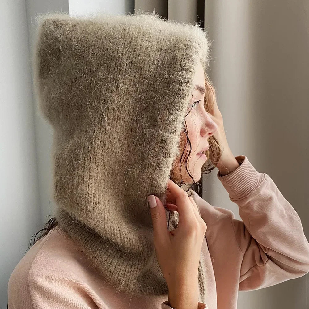 Winter rabbit fur womens hat unisex knitted hooded collar adjustable elastic Balaclava hat Gorros Mujer Invierno 241205