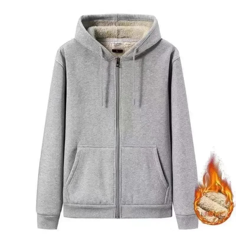 autumn and winter mens casual solid color wool velvet cardigan lining hooded warm jacket loose fit 241211