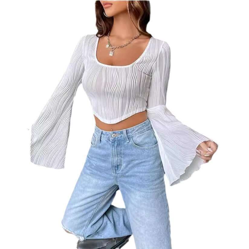 Women's 2024 Summer Thin U-neck Top with Water Wave Pattern, Slim Fit, Exposed Umbilical Speaker Long Sleeve T-shirt for Women