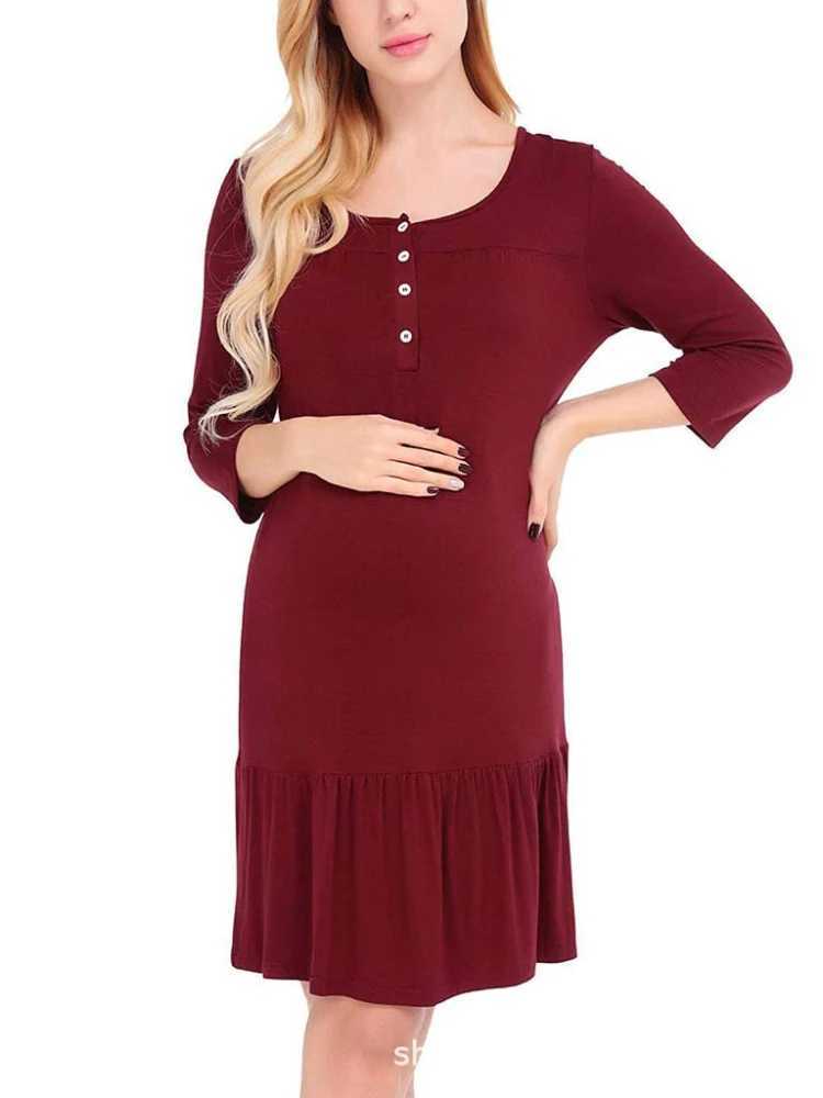 New Womens Pregnant Womens Solid Color Mid Length Dress Summer Round Neck 7/4 Sleeve Casual Breastfeeding Womens DressXJ241213