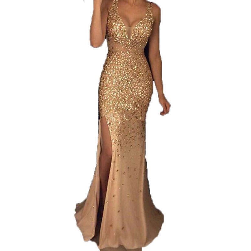 New European American Cross-Border Women's Long With Camisole V-Neck Slit And Gold Sprinkled Dress