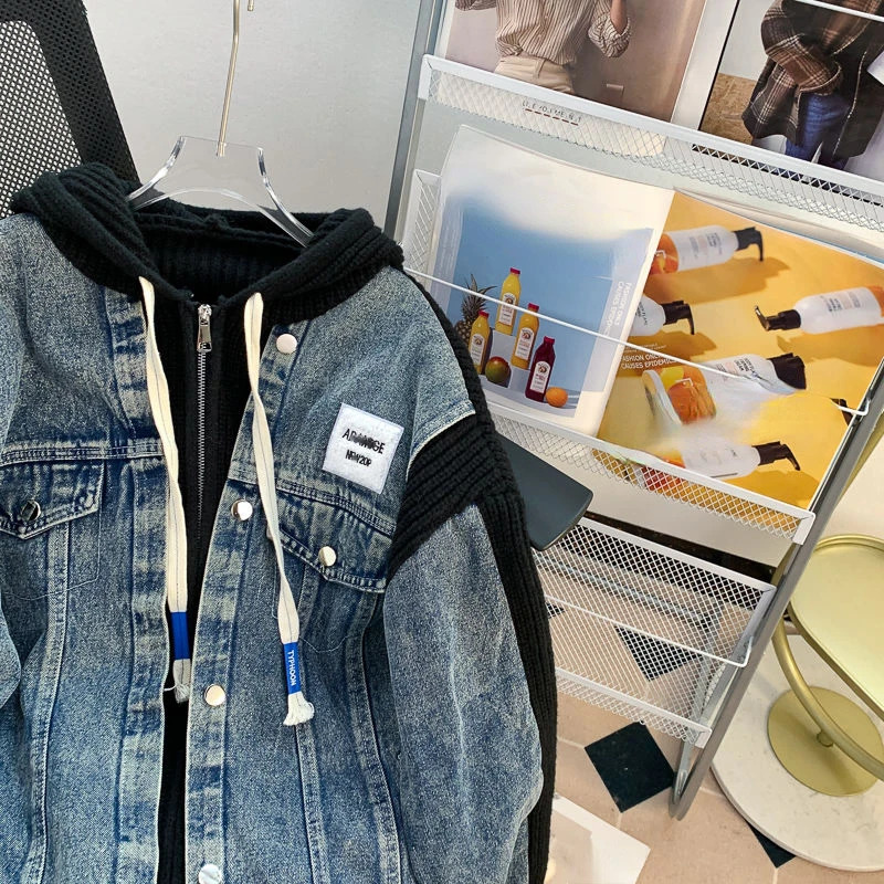 Japanese retro Y2k jacket hooded sweatshirt knitted patch work holiday twopiece zipper oversized denim autumn full matching womens clothing 241211