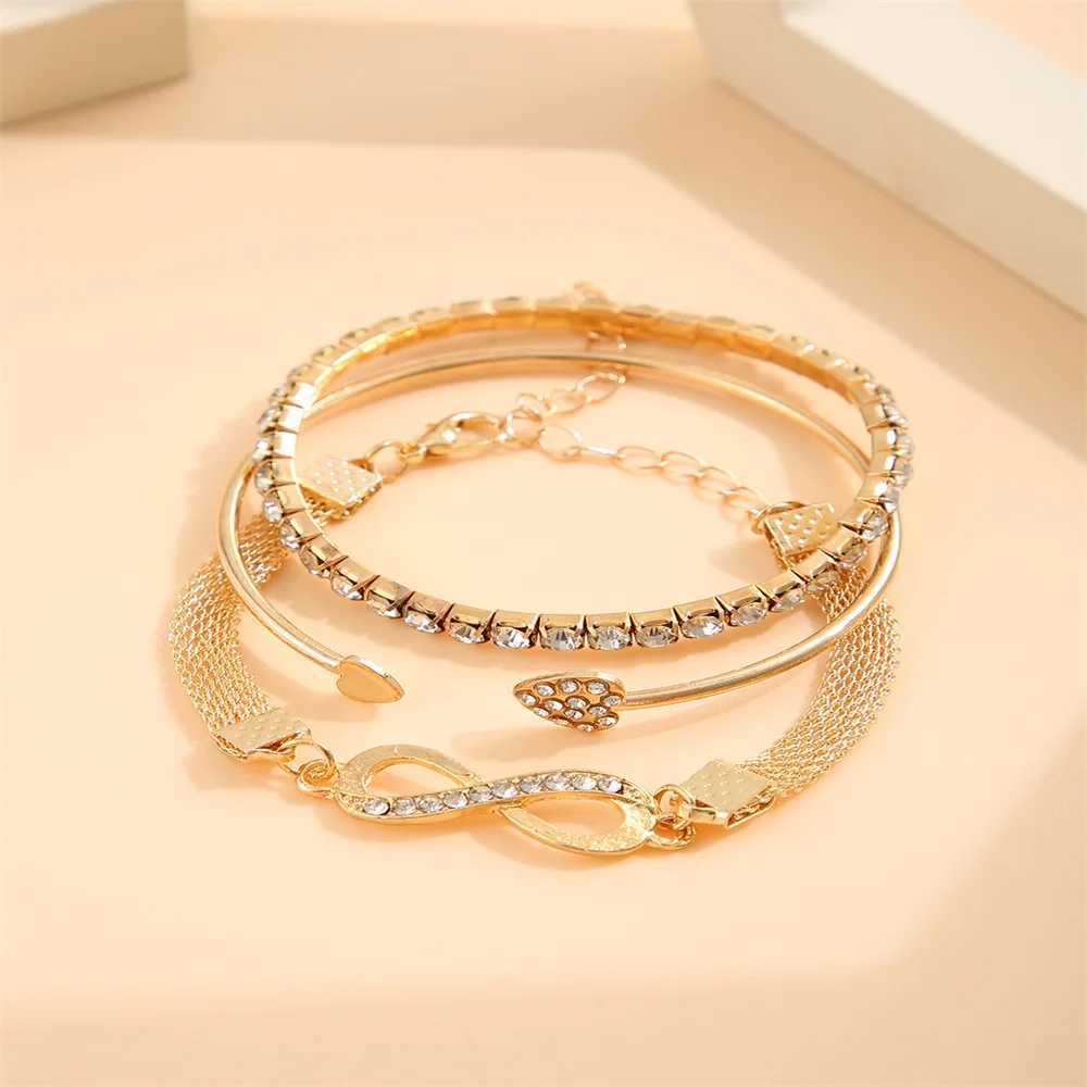 Vintage Infinity Heart Crystal Rhinestone Bracelet Set for Women Female Gold Color Metal Adjustable Bracelets Fashion JewelryXJ241214