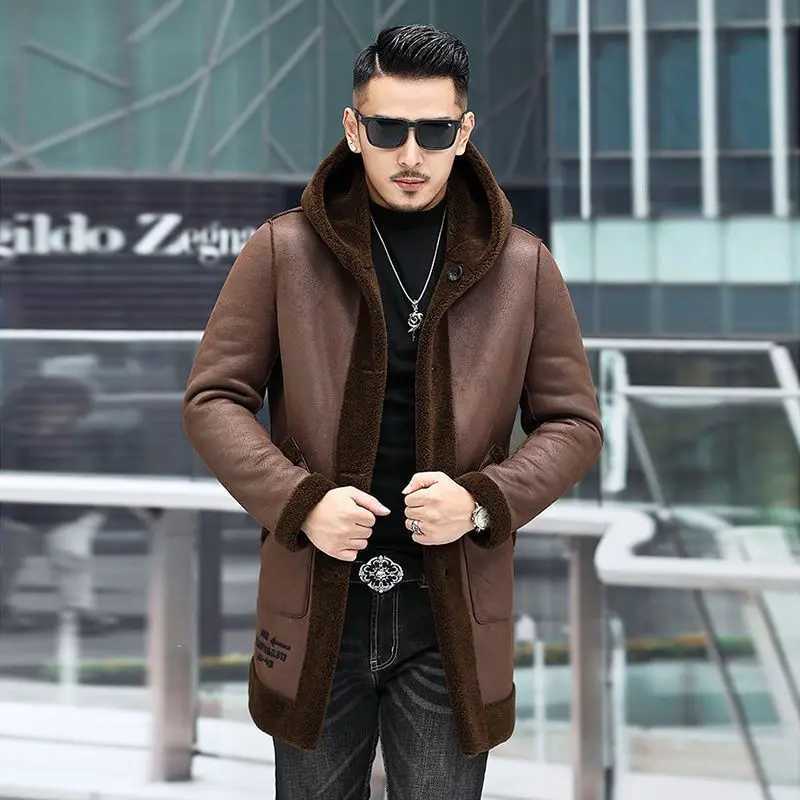 2023 Autumn Winter Mens New Authentic Sheepskin Coat Mens Fashion Ultra Thin Warm Jacket Mens Casual True Fur Hoodie W241213