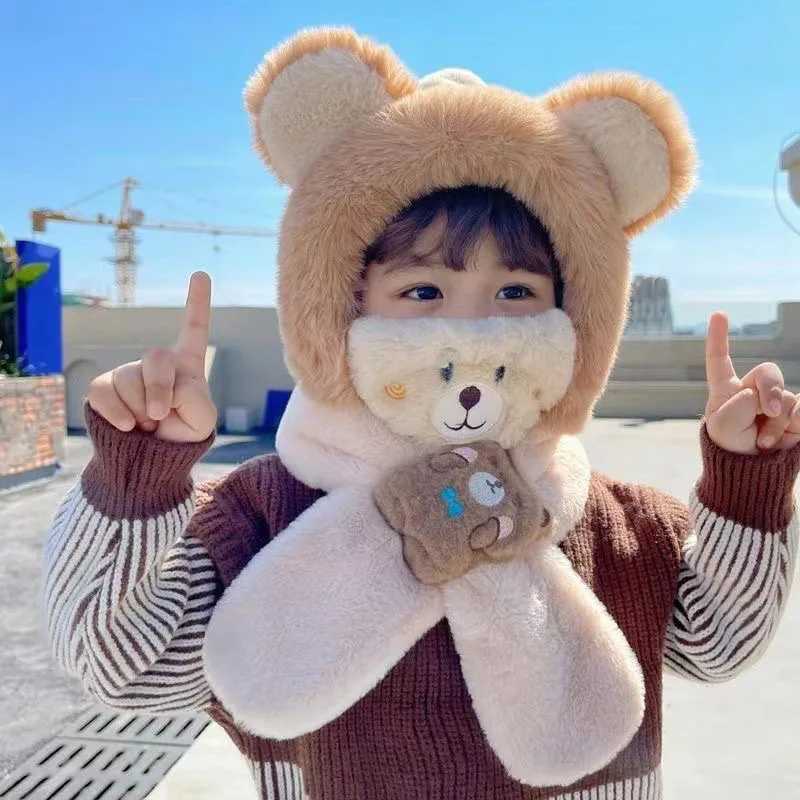 Winter childrens one-piece scarf cap+facial mask cute baby ear protective cap 1-6 year old childrens plush cross neck warm beans W241213