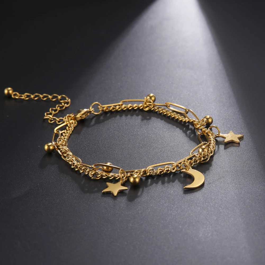 Star Moon Pendant Double Chain Bracelets Womens Stainl Steel Bracelets Tren Jewelry for r Anniversary GiftsXJ241214