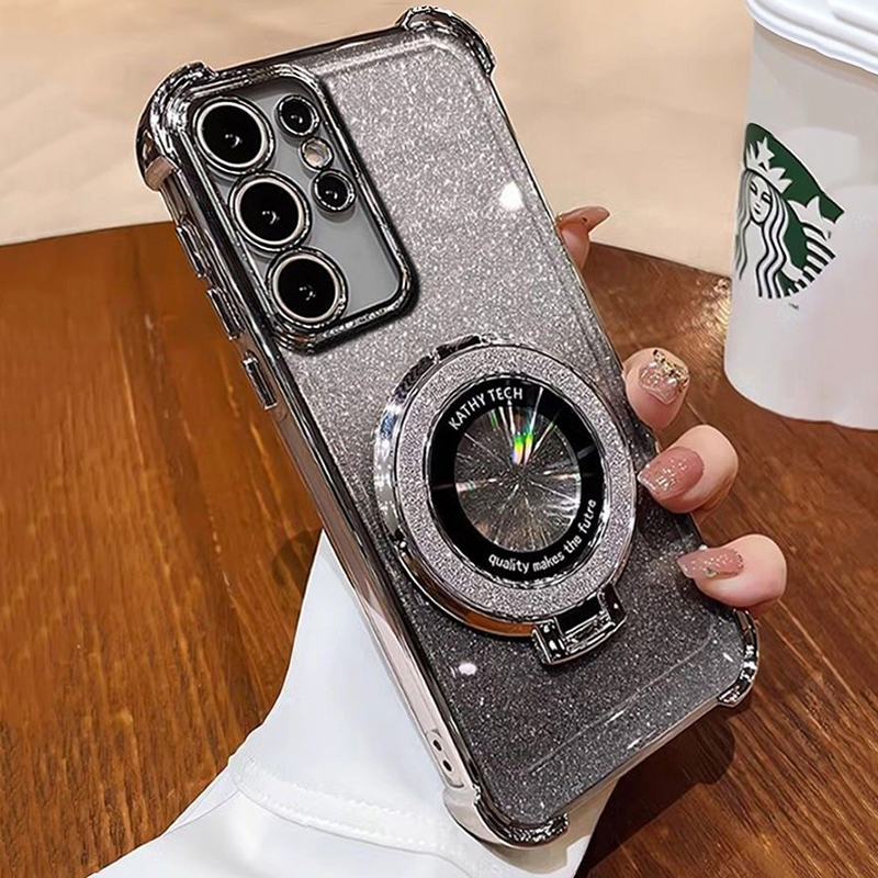 Luxury Four Corner Bling Glitter Clear Soft TPU Ring Stand Magnetic For Magsafe Wireless Cases For Samsung S22 S23 S24 S25 Ultra Plus A05 A05S A16 A06