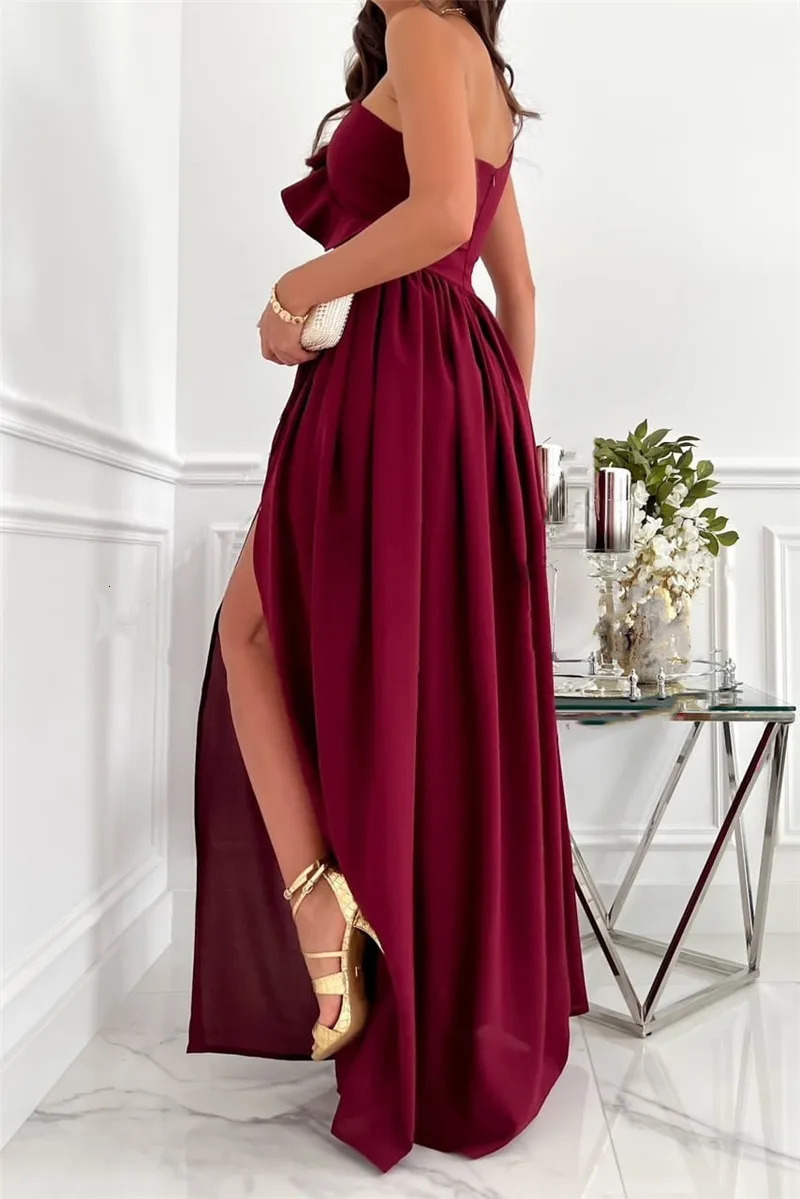 Red Evening Dress One Shoulder Flower Stickers Sleeveless Slimming Party Ball Backless Long 241212
