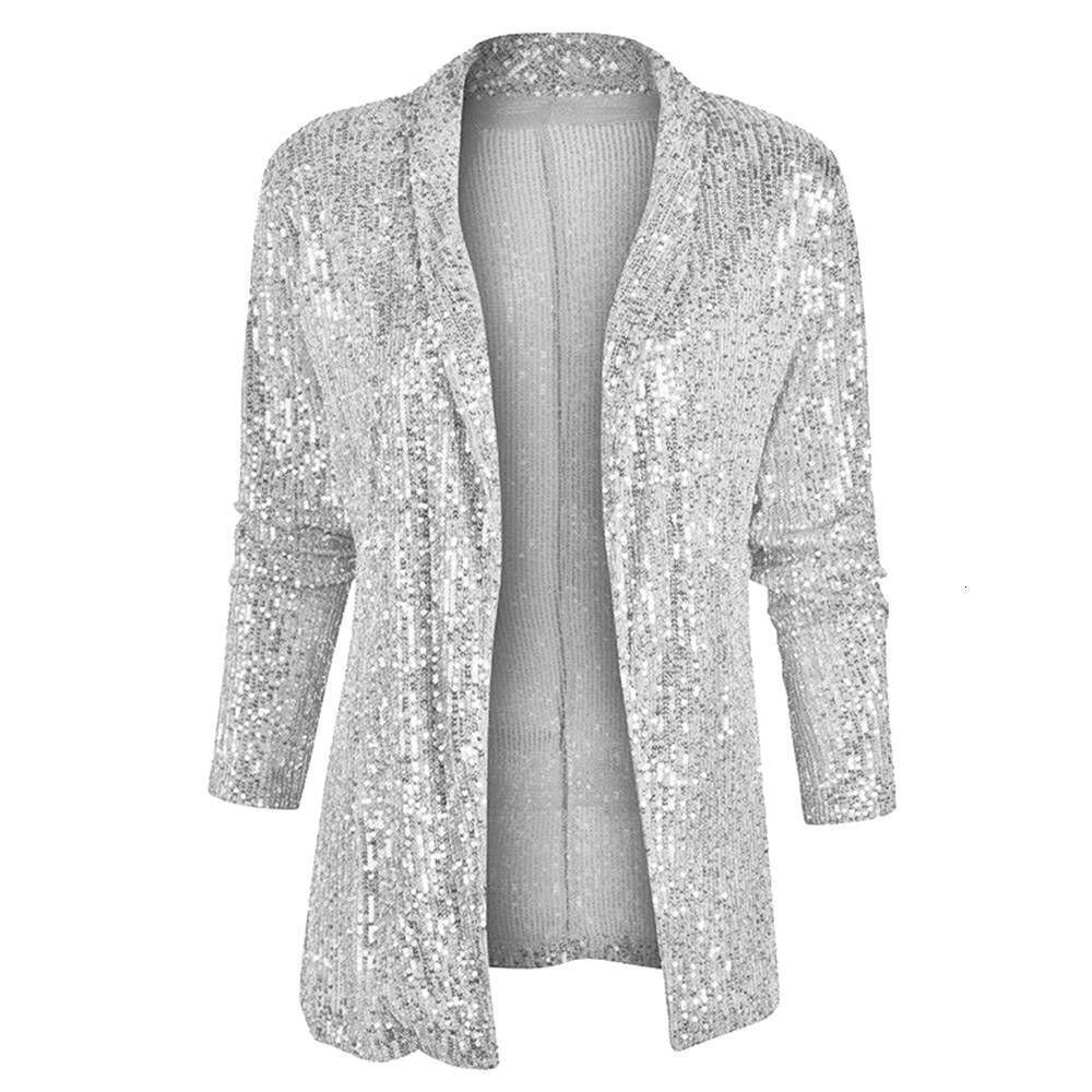 Spring New European And American Sequin Sleeved Temperament, Medium To Long Style Small Suit, Lapel Color Jacket For Women