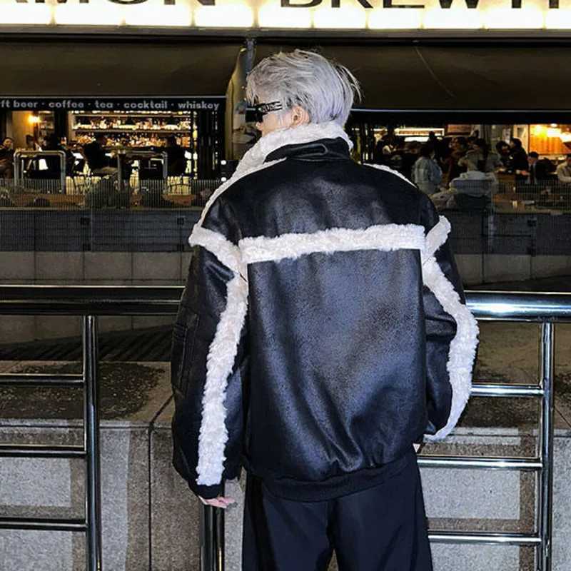 IEFB High Street Mens Jacket PU Leather Cashmere Patch Work Collar Thick Loose Street Clothing Mens Coat New 9C8333 W241213